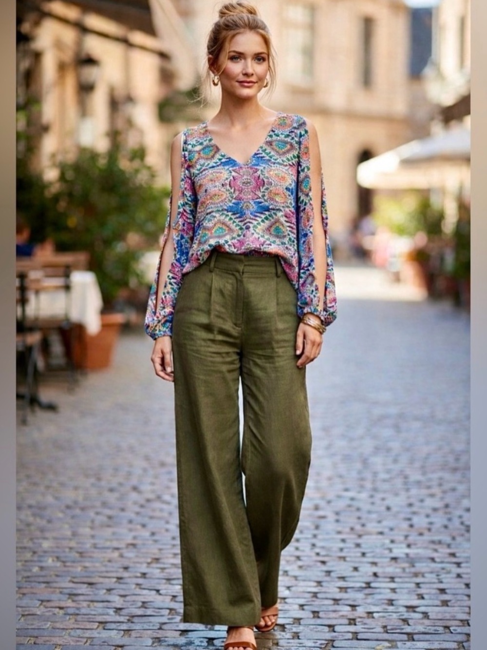 LOVER + FRIENDS WOMENS LONG SPLIT SLEEVE MOSAIC AZTEC PRINT SILKY BLOUSE XS